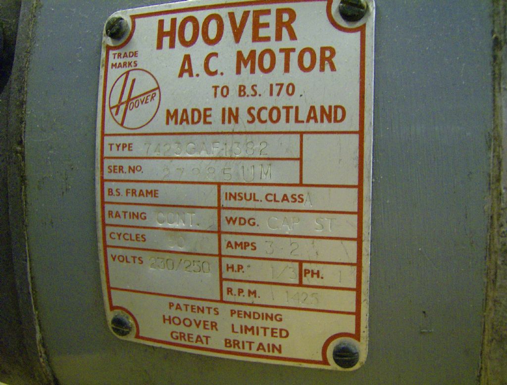 Info plate of hoover motor